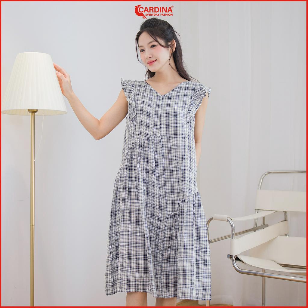 Đầm nữ CARDINA  chất thô cao cấp dáng suông kẻ bèo vai lệch tầng trẻ trung 3VTH06