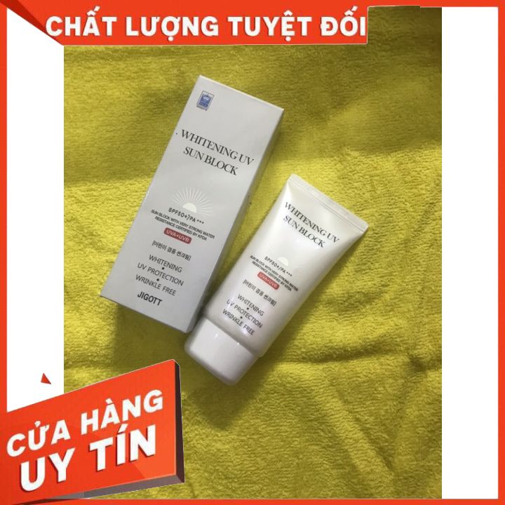 [FREESHIP] kem chống nắng SPF 50+ làm bật tone và  trắng da JIGOTT _ WHITNING UV SUNBIOCK  70ML kem còn che khuyết điểm