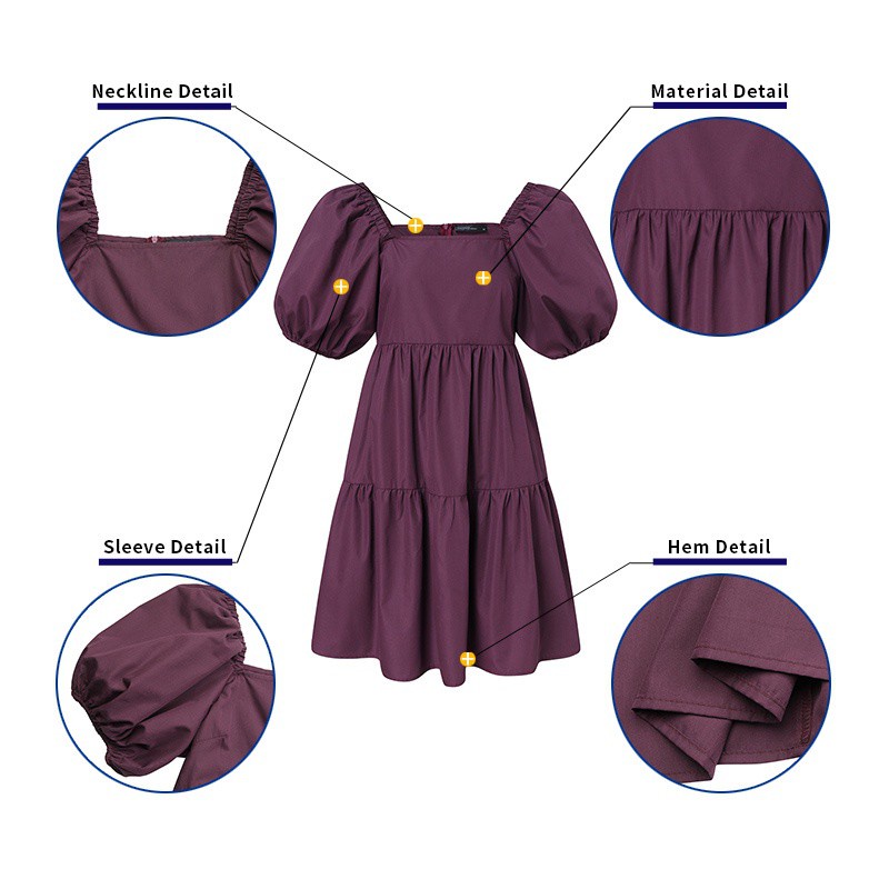 Đầm ZANZEA mini cổ vuông tay phồng có thun co giãn màu trơn thời trang dành cho nữ