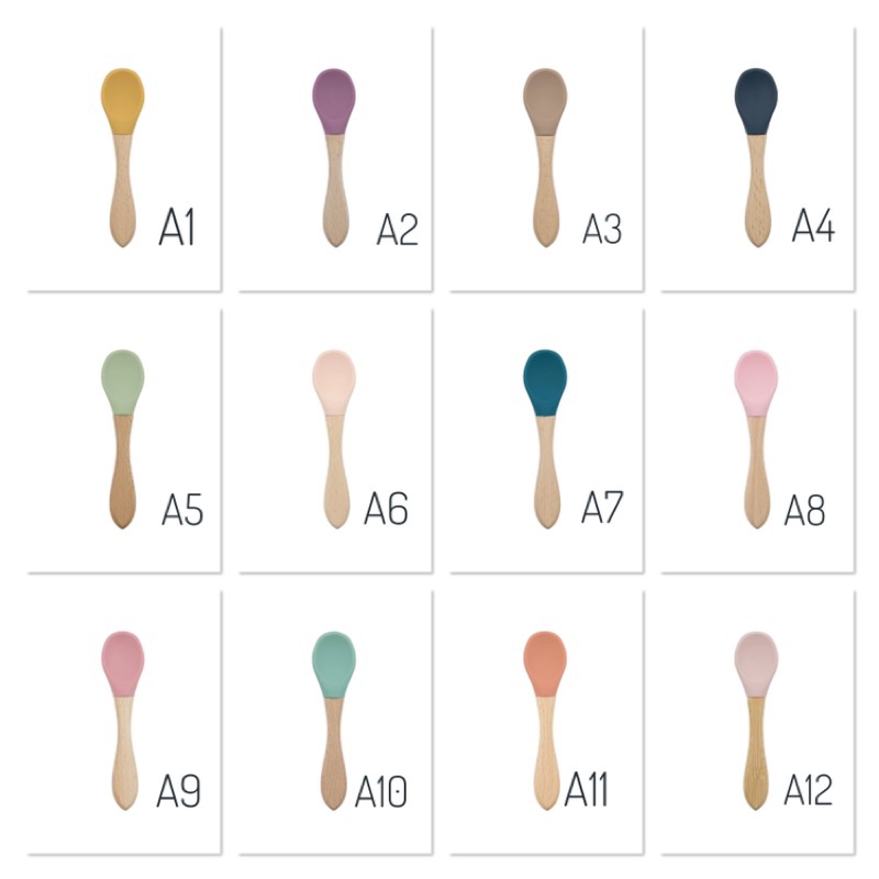 Thìa ăn dặm silicon cán gỗ cho bé, muỗng silicon