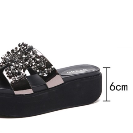 Dép Đế Xuồng Nữ Cao Gót Quai Ngang Chữ H Đính Đá Cườm Cao 6Cm