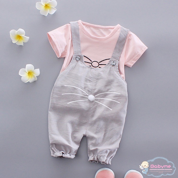 Bộ áo thun cotton họa tiết hoạt hình + quần yếm cho bé gái