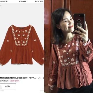 Áo baby doll bã trầu thêu hoa zara xuất xịn