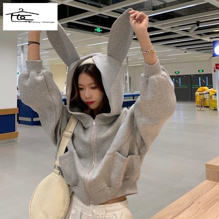 Áo Hoodie Ngắn Dáng Rộng In Hình Tai Thỏ Dễ Thương Thời Trang Mùa Thu Cho Nữ