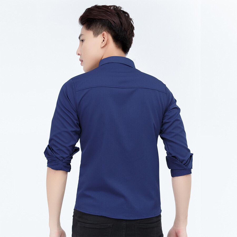 Sơ mi nam hàn quốc xanh đậm dáng trơn vải cotton lụa | BigBuy360 - bigbuy360.vn