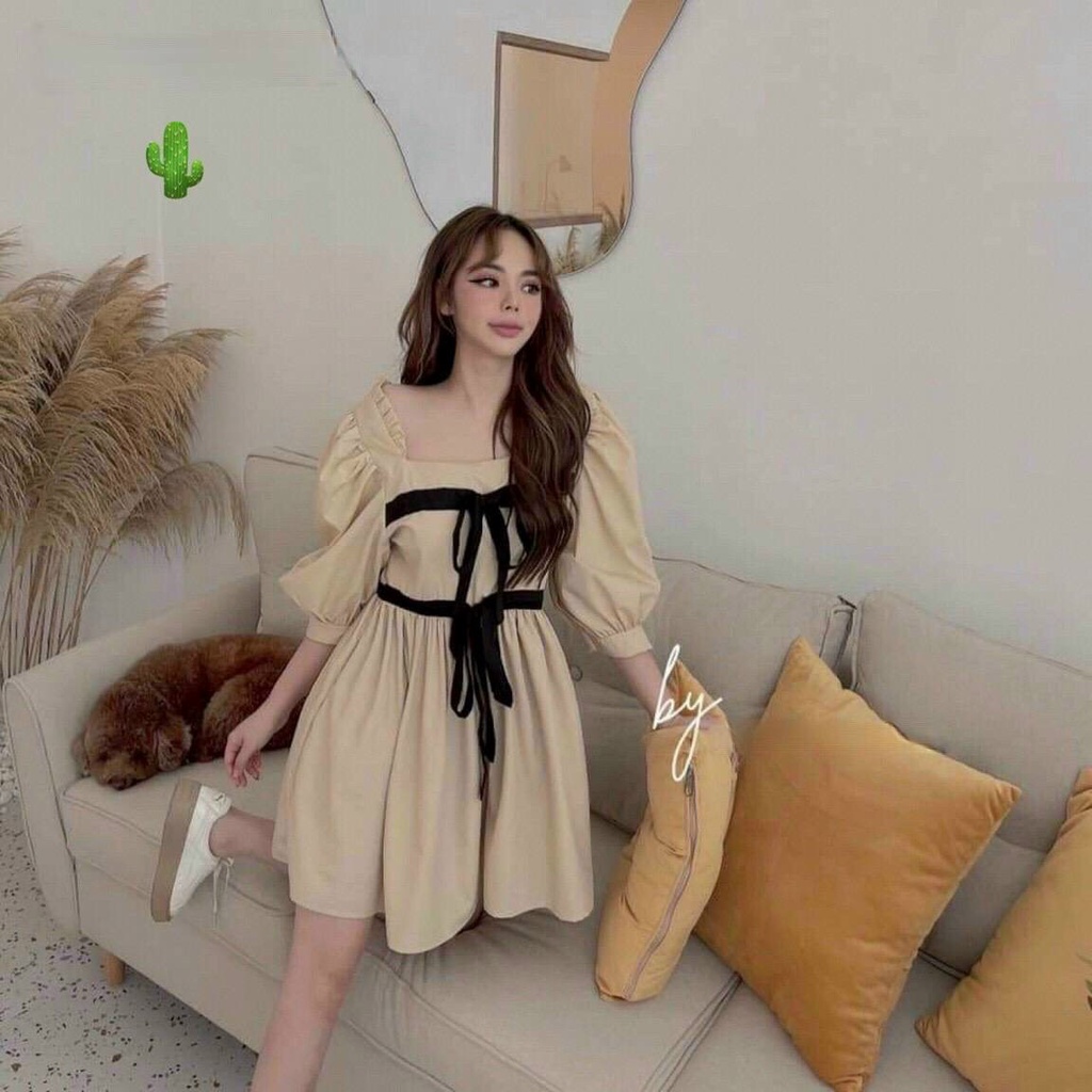 Đầm babydoll dáng xòe nơ trước cực xinh , chất kate mềm mịn