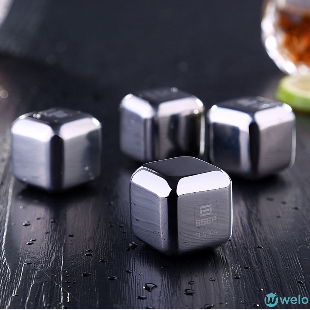 Set 4 Viên Đá Làm Lạnh Đồ Uống Bằng Thép Không Gỉ Kèm Hộp Nhựa