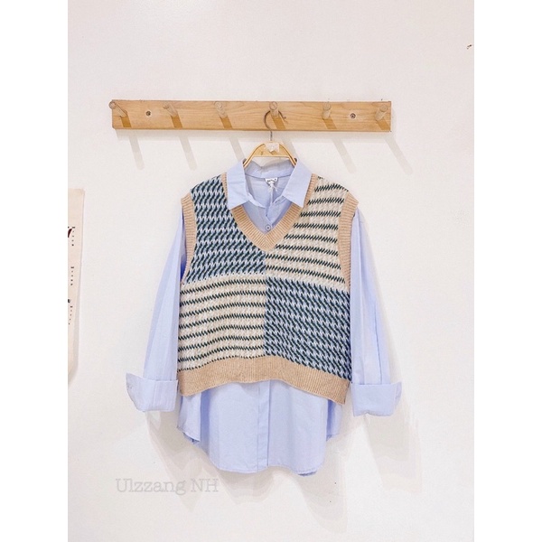Set áo gile len mix sơmi trơn