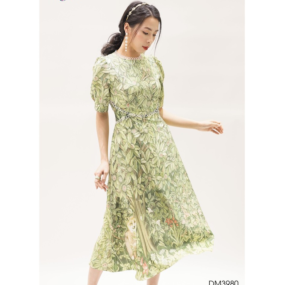 Đầm xòe, cổ và eo viền ren Emspo DM3980