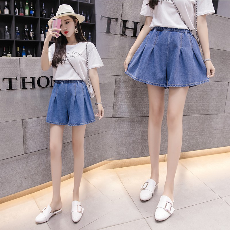 Quần Short Jean Lưng Cao Ống Rộng Màu Xanh Dương Có Size Lớn S-5Xl Plus Thời Trang Mùa Hè Cho Nữ