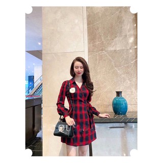 ⚡️BÁN SỈ⚡️Đầm đỏ caro thắt eo tặng kèm hoa cài váy