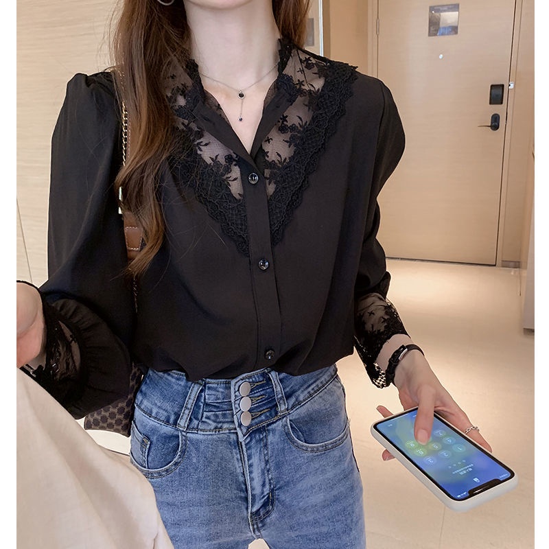 Áo Sơ Mi Voan Phối Ren Phong Cách Phương Tây Thời Trang Xuân Thu Cho Nữ [DLNZ0321]