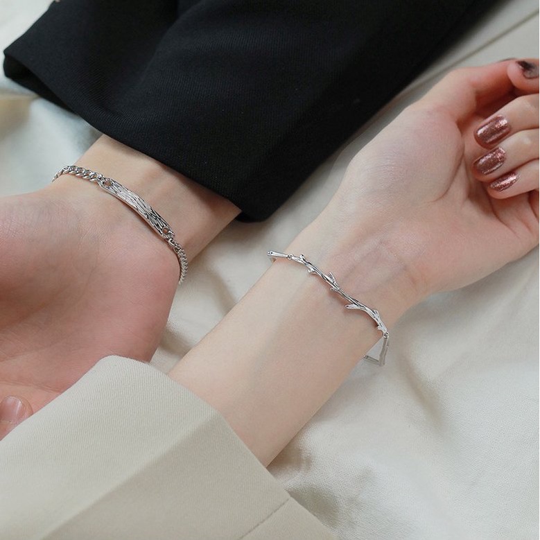 Vòng tay mạ bạc 925 thiết kế đơn giản thời trang cho cặp đôi nam nữ kiểu dáng hình Núi & Cây