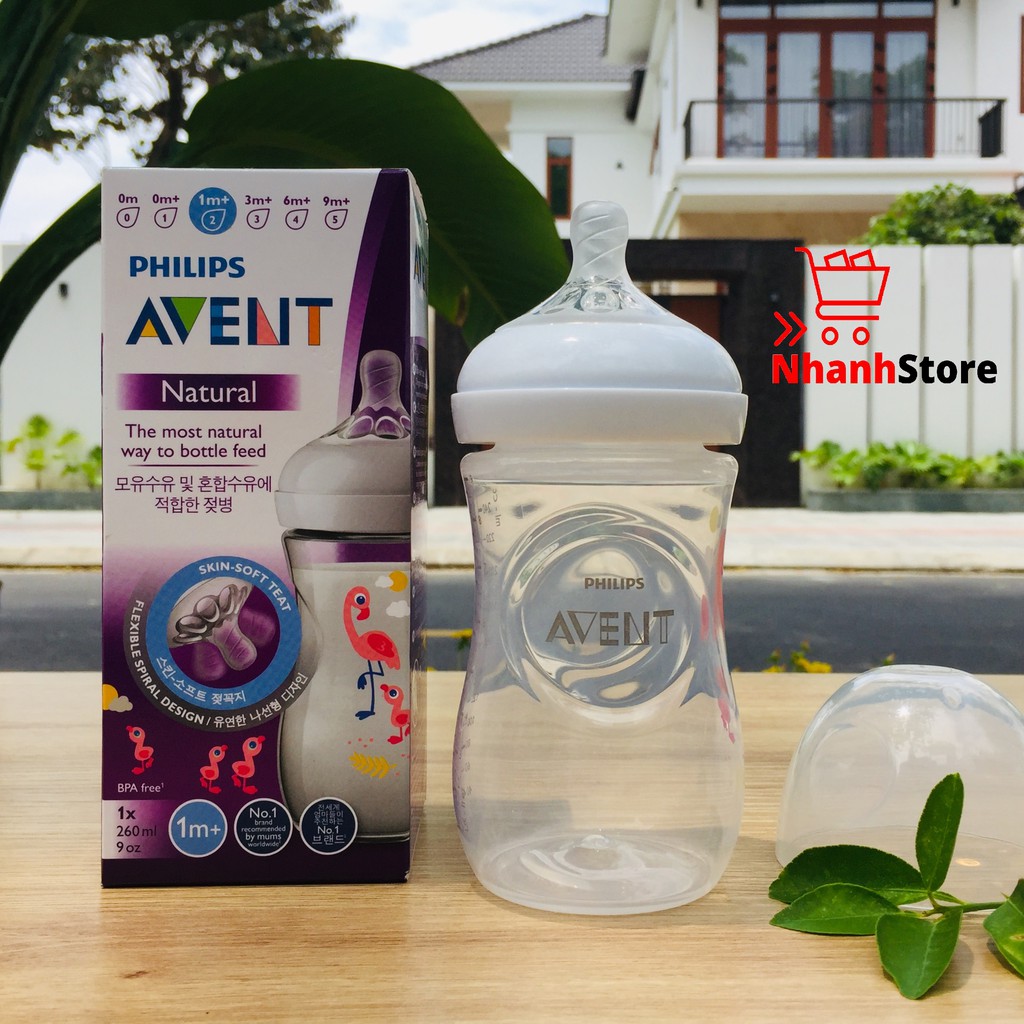Bình sữa Avent Nautural 260ml Họa tiết Hà mã, Hạc hồng