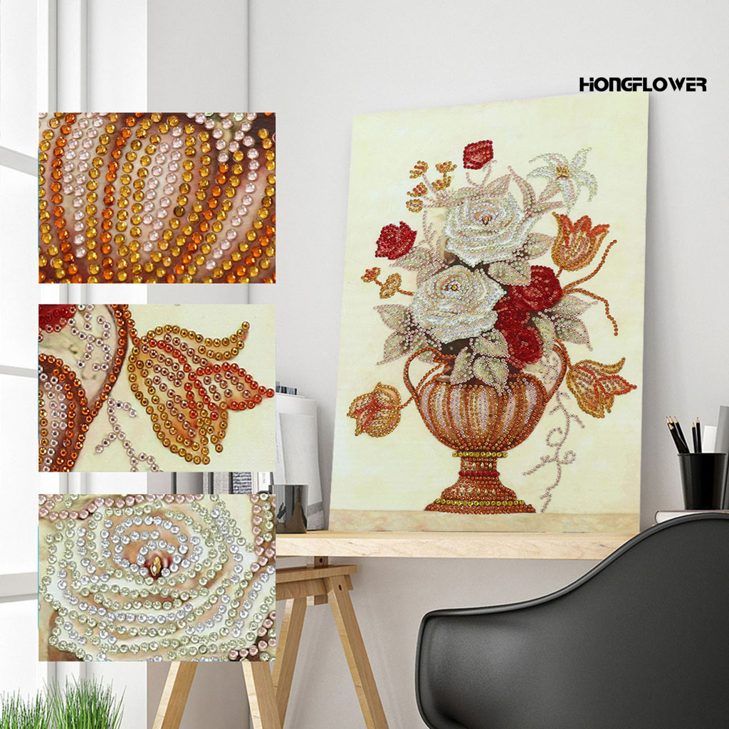 Tranh Thêu Chữ Thập Đính Đá Tròn Hình Lọ Hoa Lily Nhỏ 40x30cm