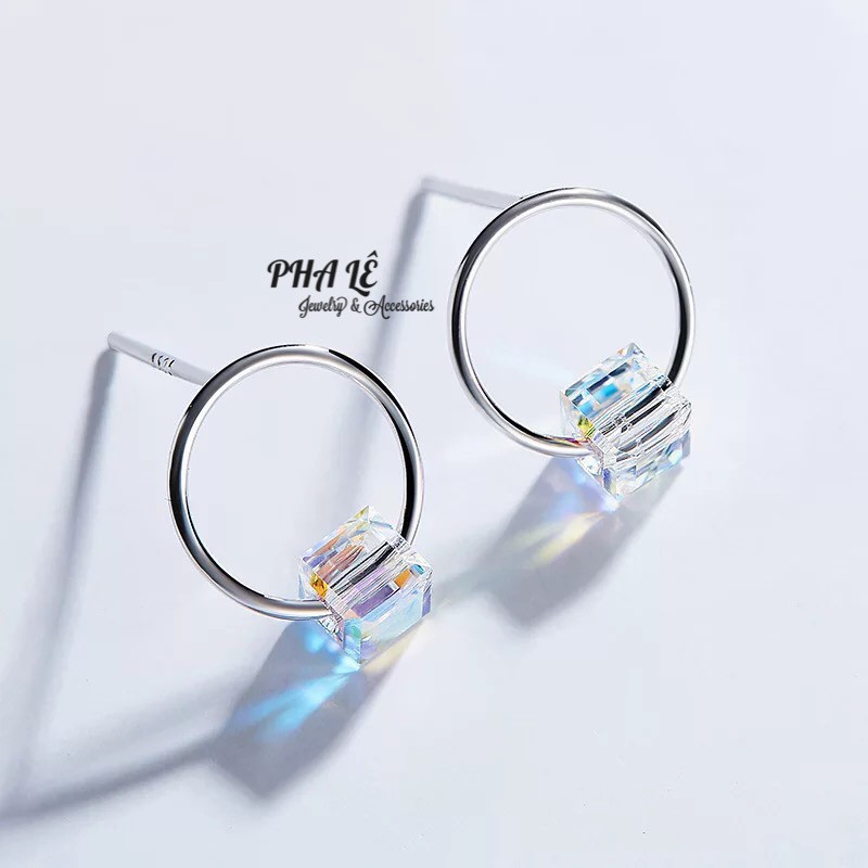 Bông Tai Pha Lê Vuông Vòng Tròn Được Thiết Kế Từ Pha Lê Swarovski Và Bạc S925