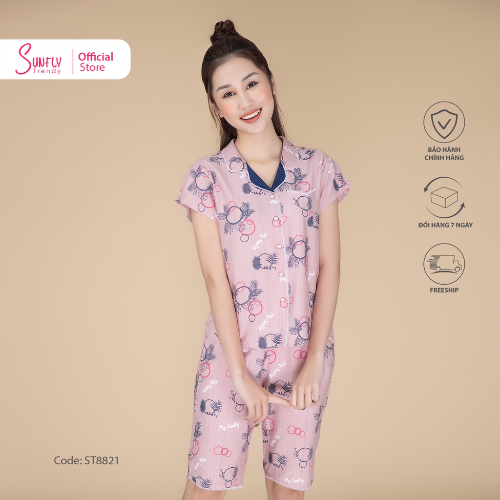 Bộ đồ mặc nhà nữ pijamas Linen SUNFLY áo cộc tay, quần lửng ST8821