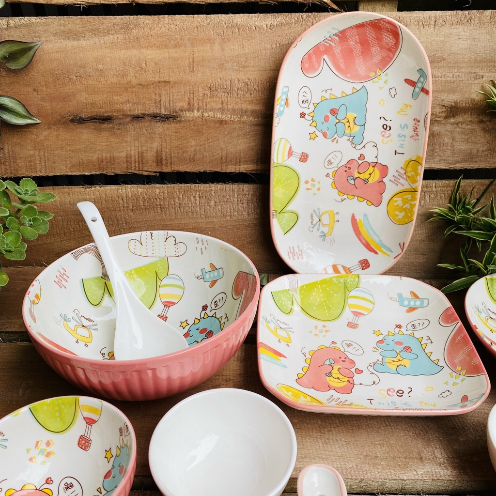 Chén Dĩa Dễ Thương Đĩa Sứ Set Bát Đĩa Decor Bát Ăn Cơm Chén Sứ Đẹp sét khủng long hồng 21 món xinh yêu