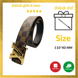 Thắt lưng nam LV kẻ caro nâu mặt kim loại mạ vàng nguyên khối chắc chắn cho dây 1m1 bản 4cm