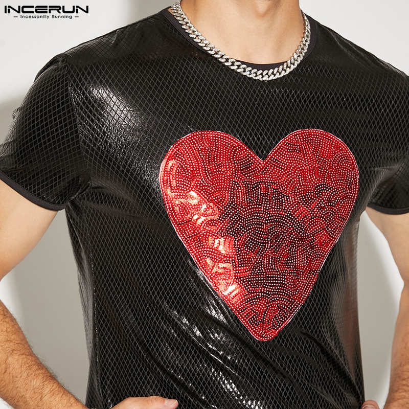 Áo thun Incerun tay ngắn bằng da in họa tiết trái tim dành cho nam