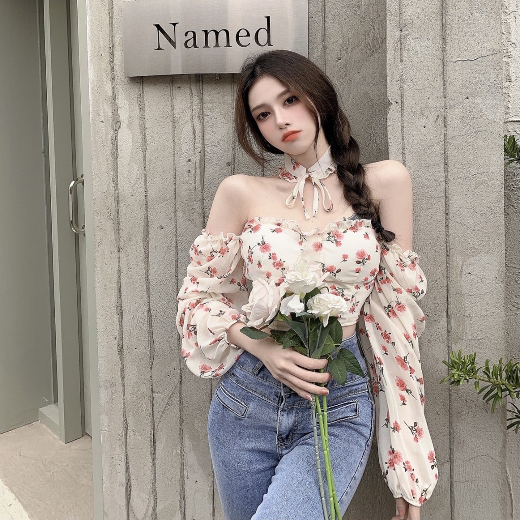 [Hàng order]Áo sơ mi hoa trễ vai áo kiểu cổ chocker tiểu thư sang chảnh ulzzang Hàn Quốc A174