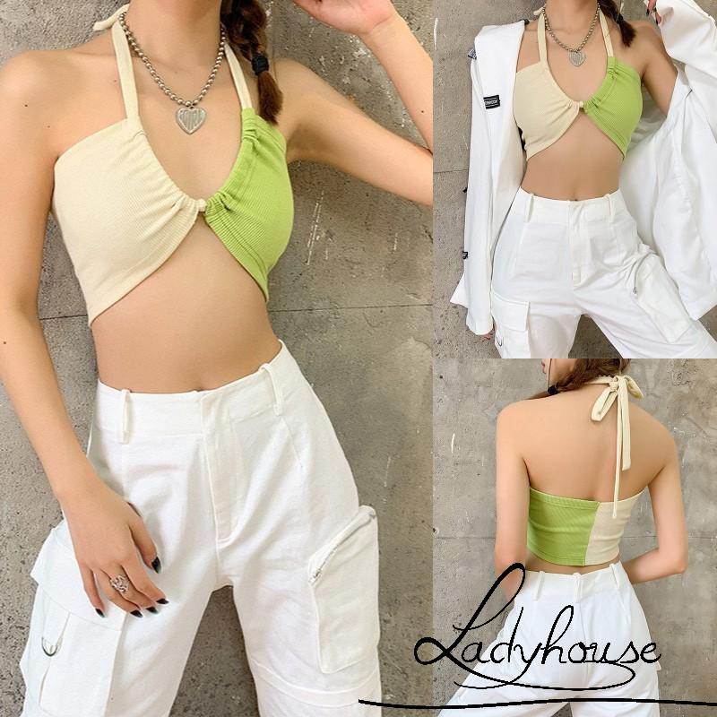 Áo Croptop Hai Dây Cổ Chữ V Không Tay Màu Sắc Trẻ Trung Dành Cho Nữ