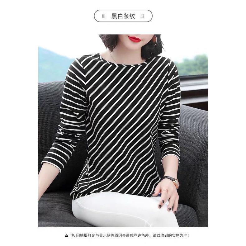 Áo Thun Tay Dài Dáng Rộng Plus Size Họa Tiết Kẻ Sọc Cho Phụ Nữ Trung Niên