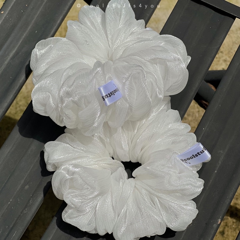 Buộc Tóc Scrunchies Trắng Vải Tơ Xước Óng Ánh Nhiều Size
