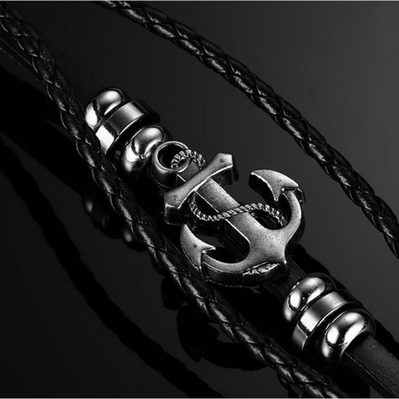 Vòng Tay Da Mặt Hình Mỏ Neo Phong Cách Vintage Cho Nam