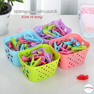 Bộ 30 kẹp nhựa chữ a treo phơi quần áo nhiều màu sắc kèm rổ đựng - br00551