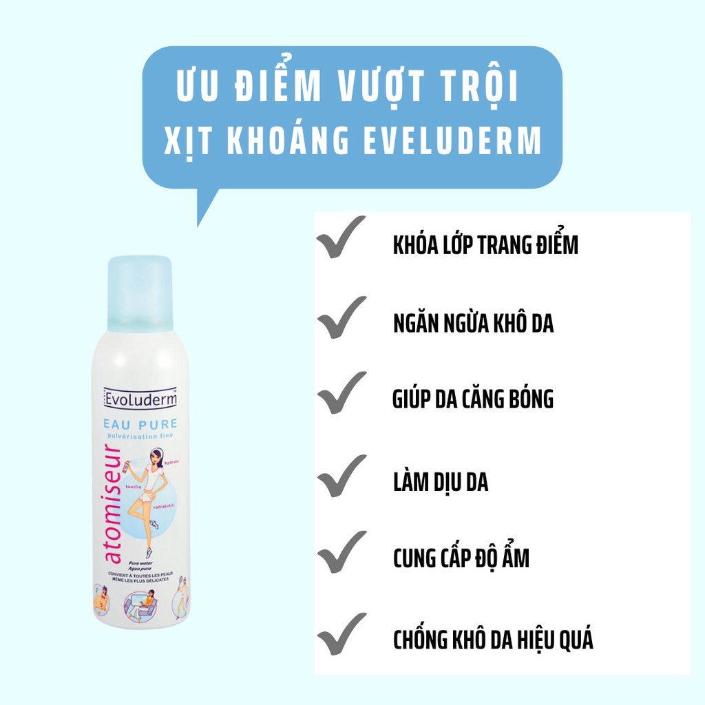 Xịt khoáng Evoluderm  Atomiseur 150ml dưỡng ẩm, cấp nước và làm dịu cho da