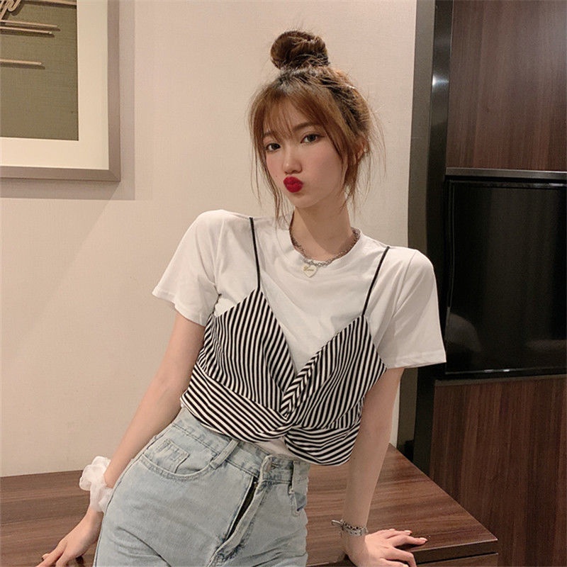 Áo Thun Ngắn Tay Giả Hai Lớp Phong Cách Hàn Quốc Thời Trang Cho Nữ Áo phông Nữ NZ-TX-18
