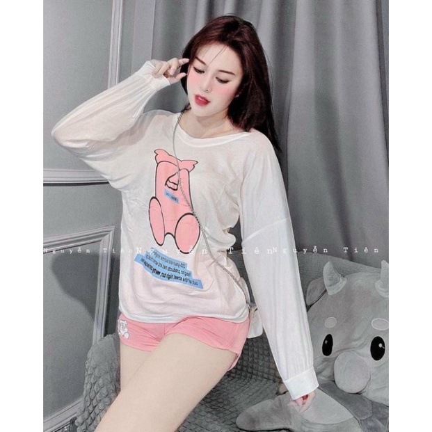 Set bộ áo tay dài in gấu kèm quần đùi cute - A5U