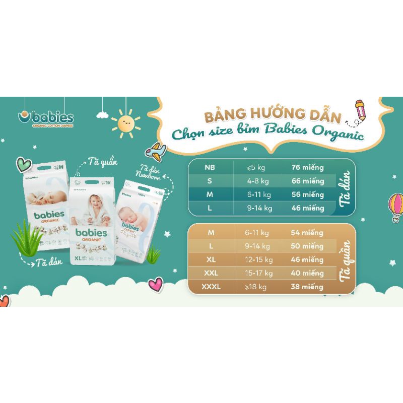 ( quà tặng xe chòi) Combo 6 Bịch Tã Bỉm Dán/Quần Babies Organic SIZE S66/M56/L46/M54/L50/XL46/XXL40