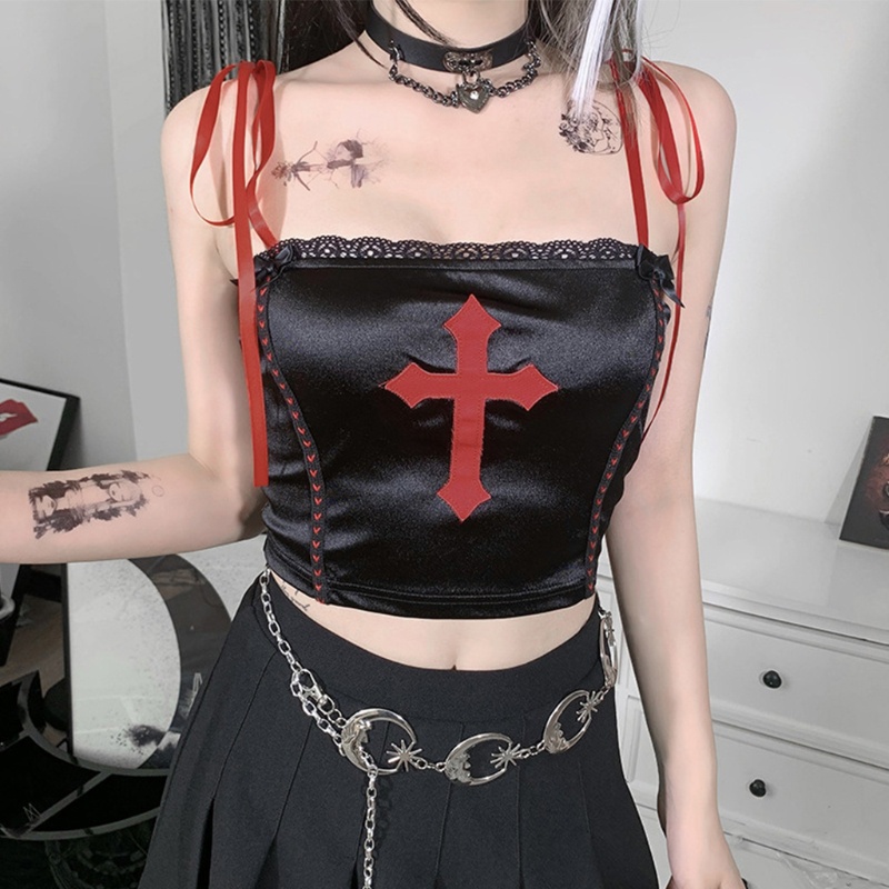 Áo Croptop Hai Dây Thêu Hoa Màu Đen / Đỏ Phong Cách Gothic Punk Gợi Cảm Cho Nữ