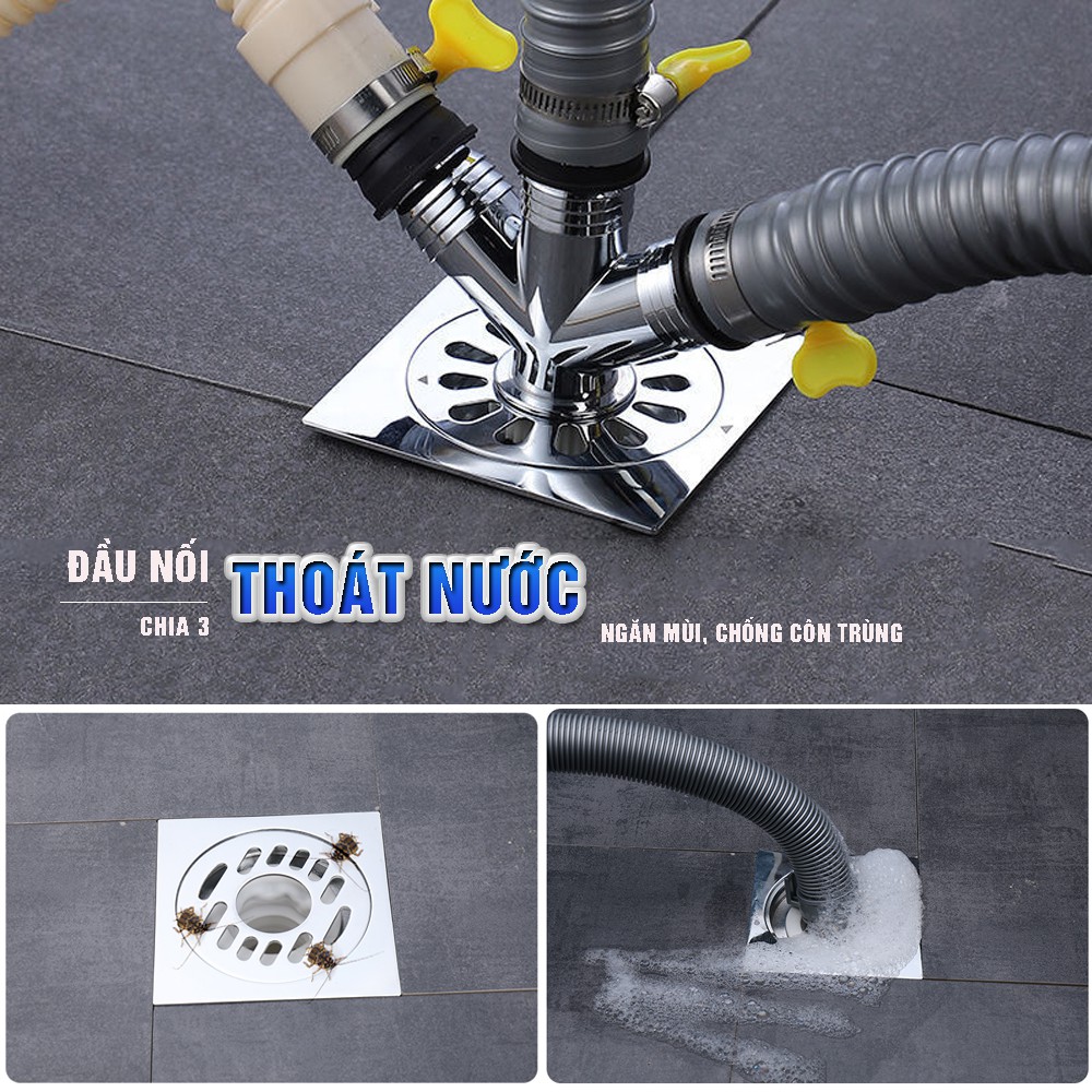 Bộ thoát nước máy giặt, thoát nước thải chống mùi hôi, ngăn côn trùng lắp thoát sàn, 3 chạc khe Minh House