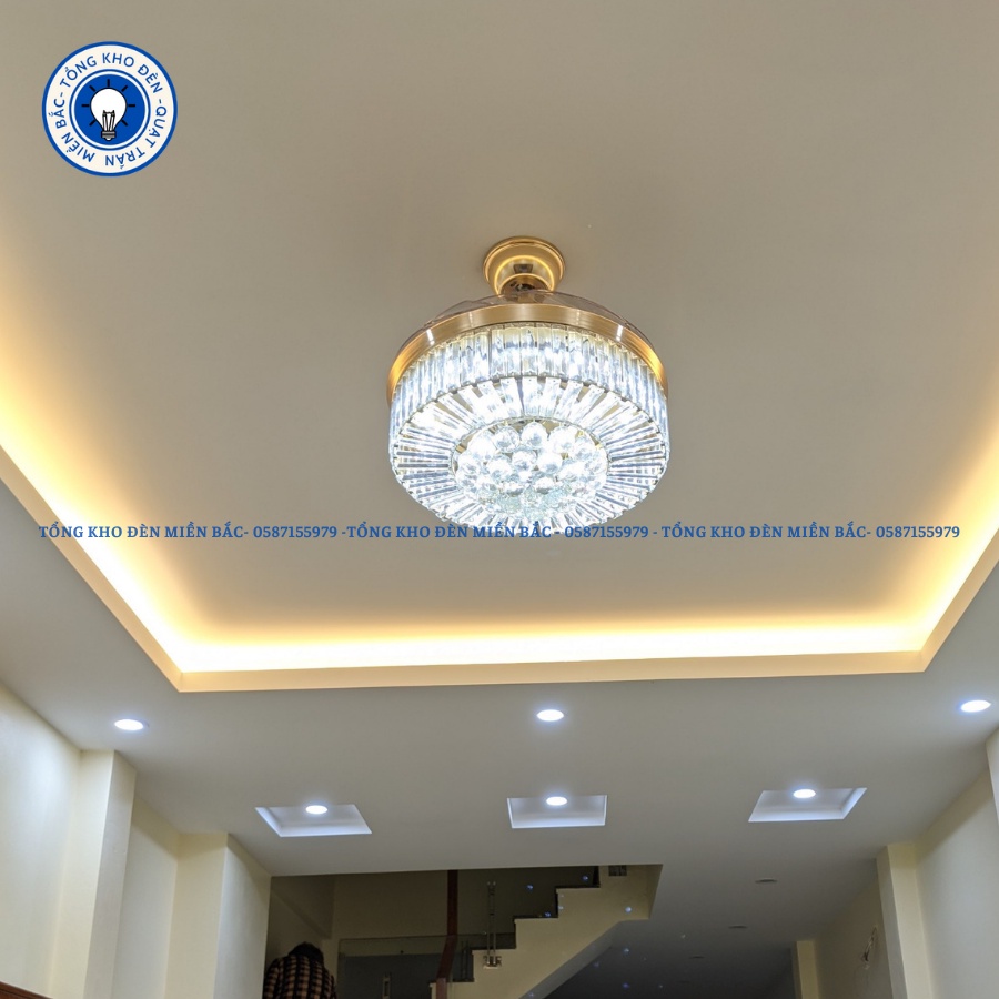Quạt Trần Pha Lê Giấu Cánh, Quạt Trần Đèn Trang Trí Phòng Khách Bảo Hành 10 năm
