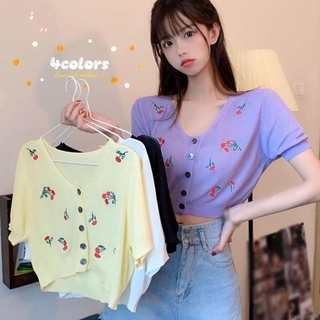Áo Lửng Ngắn Tay Thêu Hình Quả Cherry Xinh Xắn Dành Cho Nữ
