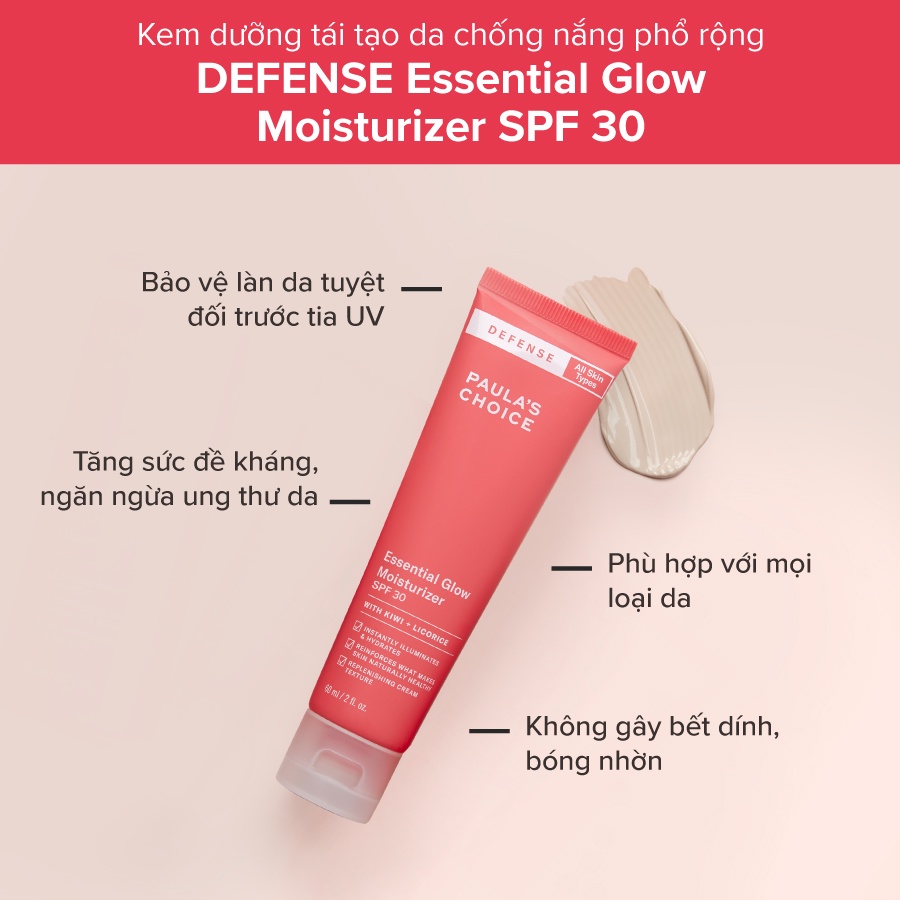 [PAULA'S CHOICE] Kem Chống Nắng Vật Lý Phổ Rộng Bảo Vệ Làn Da Defense Essential Glow Moisturizer SPF 30 60ml (Mã 2230)