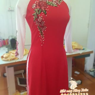 Áo dài 4 tà màu Đỏ Trắng ( may đo theo số đo)