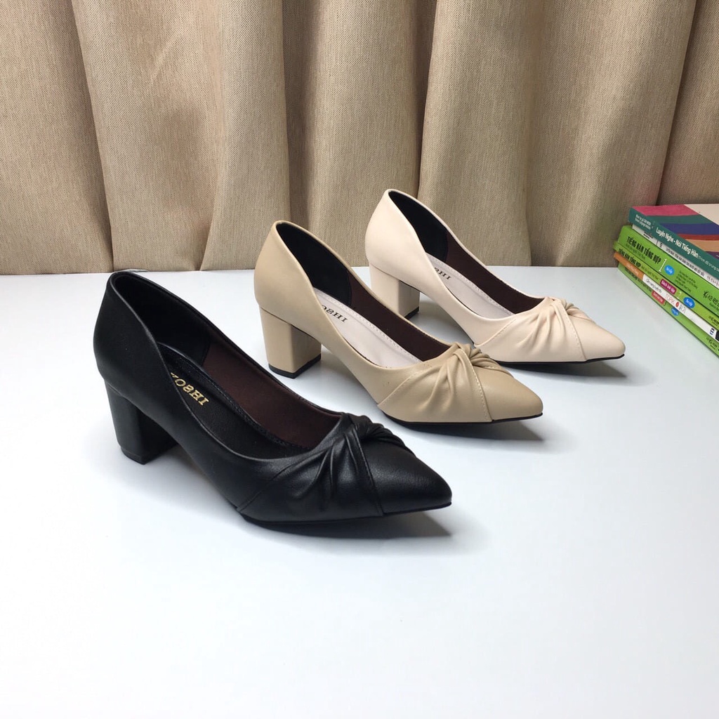 Giày cao Gót nữ 5p Đế vuông mũi nhọn thắt nơ công sở Da mềm cao cấp