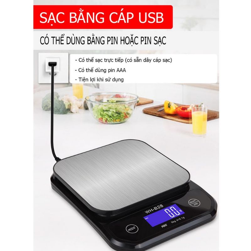Cân điện tử nhà bếp chống nước wh b28 chính hãng 5kg0.1 và 10kg1g giá rẻ.sạc pin và xài pin 3 pin AAA.
