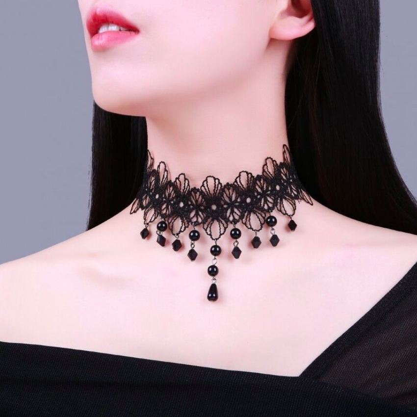 Vòng cổ dây chuyền choker nữ vải ren hoa 4 cánh đính chuỗi ngọc trai nhân tạo phong cách hàn quốc cá tính