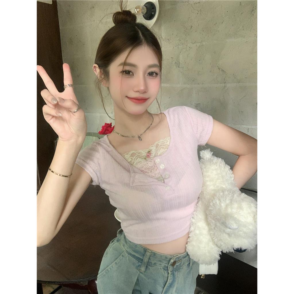 Lalisas Áo Croptop Ngắn Tay Phối Ren Thiết Kế Ngọt Ngào Cho Nữ