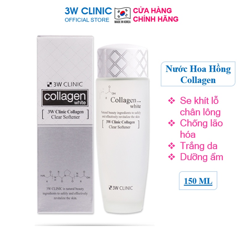 Nước hoa hồng dưỡng trắng da se khít lỗ chân lông chiết xuất từ Collagen 3W Clinic Hàn Quốc 150ml