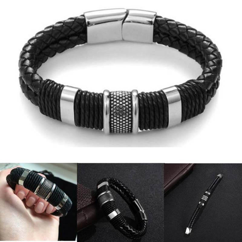 Vòng đeo tay dây da phối thép titan cổ điển cho nam