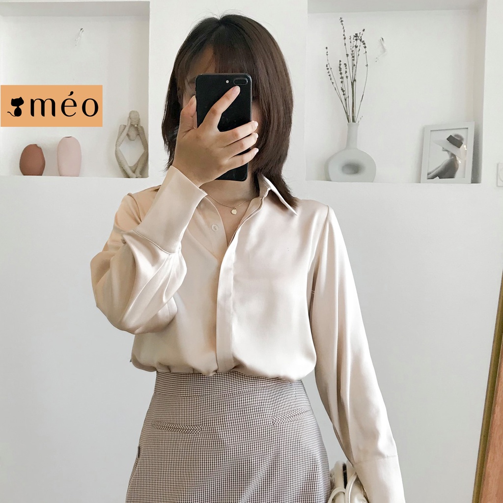 Áo sơ mi công sở nữ Méo shop dài tay vải lụa kiểu Hàn form rộng Reto