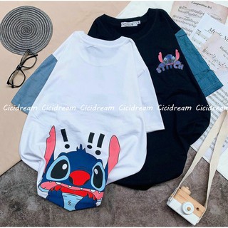Áo thun tay lỡ form thụng Unisex, Áo phông tay lỡ phối màu in 2 mặt Stitch đáng yêu 3 màu đen trắng xanh