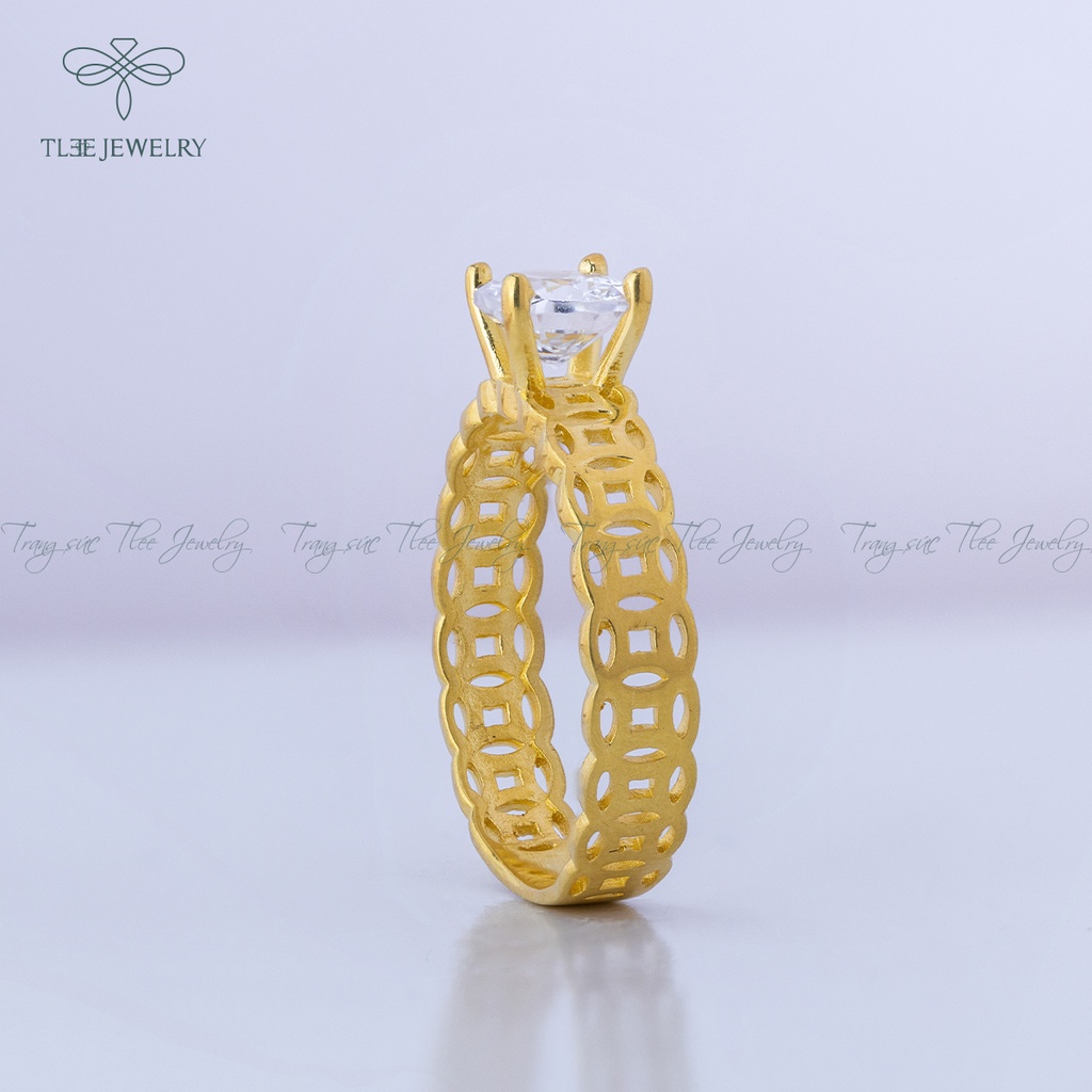 Nhẫn bạc nữ TLEE đồng xu mạ vàng 14k trụ đá bốn chấu cao cấp NCJ A0144