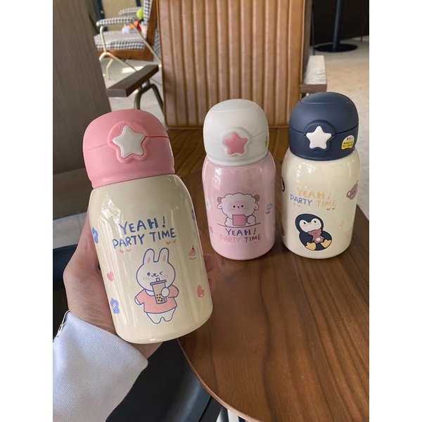 Bình giữ nhiệt + kèm túi đựng Cừu, Thỏ,Chim cánh cụt  đáng yêu dễ thương